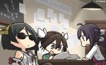  3girls ahoge bare_shoulders black_hair brown_eyes brown_hair check_translation commentary dated detached_sleeves dress fujinami_(kantai_collection) hair_between_eyes hairband hamu_koutarou headgear highres japanese_clothes kantai_collection kirishima_(kantai_collection) kurenai_no_buta long_hair long_sleeves multiple_girls nanodesu_(phrase) nontraditional_miko open_mouth orel_cruise parody purple_dress purple_hair remodel_(kantai_collection) ribbon-trimmed_sleeves ribbon_trim shirt short_hair side_ponytail sleeveless sleeveless_dress sunglasses tone_(kantai_collection) translation_request twintails white_shirt wide_sleeves 