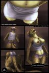  anthro argonian big_breasts blacktigerr blue_feathers breasts claws clothed clothing comic english_text feathers female horn human kneeling low-angle_view mammal navel nipples open_mouth partially_clothed pussy scalie shimmers-in-starlight_(renlu) shirt solo standing tan_skin text the_elder_scrolls transformation video_games 