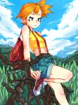  369_(3693xyz) aqua_eyes arm_support artist_name bag bare_arms bare_legs bare_shoulders bicycle blue_sky cloud cloudy_sky commentary_request cowboy_shot crop_top cropped_shirt day denim denim_shorts eyelashes grass green_shorts ground_vehicle gym_leader half-closed_eyes highres kasumi_(pokemon) leg_up looking_afar medium_hair midriff mountainous_horizon navel orange_hair outdoors parted_lips pokemon pokemon_(anime) pokemon_(classic_anime) rust shirt shoes shorts shoulder_bag side_ponytail sitting sky sleeveless sleeveless_shirt solo spiked_hair stomach suspenders sweat yellow_shirt 