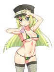  alina_gray alternate_costume bangs bikini black_hat black_legwear blush breasts cleavage collarbone commentary_request covered_nipples cowboy_shot drink fishnet_legwear fishnets green_bikini green_eyes green_hair hair_between_eyes hat jewelry large_breasts long_hair looking_at_viewer magia_record:_mahou_shoujo_madoka_magica_gaiden mahou_shoujo_madoka_magica milk_carton multicolored multicolored_bikini multicolored_clothes navel ring smile solo standing swimsuit thighhighs white_background yuuki_akira 