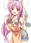  :d alternate_costume animal_ears apron bare_shoulders blush bow breasts bunny_ears collarbone commentary_request cowboy_shot denim denim_shorts eyebrows_visible_through_hair grey_shirt hair_bow holding holding_ladle kue ladle large_breasts long_hair looking_at_viewer low-tied_long_hair nail_polish off-shoulder_shirt off_shoulder open_mouth orange_apron pink_hair pink_nails pointing pointing_at_self red_eyes reisen_udongein_inaba shirt short_shorts shorts sidelocks simple_background sketch smile solo standing touhou very_long_hair white_background white_bow work_in_progress 