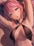  armpits arms_up bangs bare_shoulders black_ribbon blush breasts collarbone criss-cross_halter eyelashes hair_between_eyes hair_ribbon halter_top halterneck highres idolmaster idolmaster_cinderella_girls impossible_clothes jougasaki_mika large_breasts long_hair looking_at_viewer o-ring open_mouth parted_lips pink_hair ribbon sidelocks smile solo takeashiro twintails yellow_eyes 