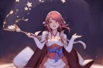  cape cottan666 dress fire_emblem fire_emblem_if gloves hairband looking_away open_mouth pink_hair priest red_eyes red_hair sakura_(fire_emblem_if) short_hair smile solo staff upper_body white_dress white_gloves 