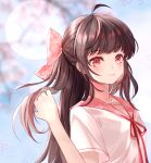  ahoge bangs baocaizi bow brown_hair cherry_blossoms collarbone eyebrows_visible_through_hair floral_print hair_bow hair_flip half_updo highres long_hair looking_at_viewer neck_ribbon original pink_bow red_neckwear ribbon school_uniform serafuku short_sleeves sidelocks smile solo upper_body 