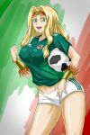  2018_fifa_world_cup armband ball blonde_hair breasts commentary fate/grand_order fate_(series) green_eyes headband holding jewelry large_breasts long_hair looking_at_viewer mexican_flag mexico navel open_mouth quetzalcoatl_(fate/grand_order) sidelocks smile soccer soccer_ball soccer_uniform solo sportswear standing telstar_18 very_long_hair world_cup zantyarz 