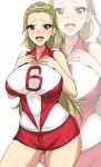  blonde_hair breasts brown_eyes commentary cowboy_shot girls_und_panzer hair_pulled_back hairband hands_on_own_chest highres koujun_(mugenzero) large_breasts long_hair looking_at_viewer open_mouth red_shirt red_shorts sasaki_akebi shirt short_shorts shorts simple_background sleeveless sleeveless_shirt smile solo sportswear standing volleyball_uniform white_background white_hairband zoom_layer 