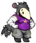  2014 animal_crossing anteater anthro antonio_(animal_crossing) beady_eyes belly biped black_eyes black_fur black_stripes black_tail blush bumblesweet_(artist) clothing digital_drawing_(artwork) digital_media_(artwork) eyebrows fluffy fluffy_tail front_view full-length_portrait fur giant_anteater grey_fur grey_tail hands_on_hips head_tuft long_snout male mammal moobs multicolored_tail musclegut muscular muscular_male nintendo overweight overweight_male portrait shirt shorts simple_background snout solo standing striped_fur stripes t-shirt tan_fur video_games white_background white_tail 