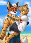  2018 anthro canine carrying clothed clothing couple_(disambiguation) digital_media_(artwork) duo eye_contact feline fox fur hair hi_res inner_ear_fluff male male/male mammal sailor_outfit sidnithefox smile standing tiger 