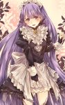  commentary_request cosplay felicia_(fire_emblem_if) felicia_(fire_emblem_if)_(cosplay) fingerless_gloves fire_emblem fire_emblem:_fuuin_no_tsurugi fire_emblem_heroes fire_emblem_if gem gloves highres juliet_sleeves lip_obrie long_hair long_sleeves maid maid_headdress open_mouth puffy_sleeves purple_eyes purple_hair ribbon sofiya solo 