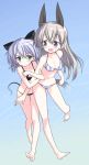  :d :t animal_ears arm_grab bangs barefoot bikini black_bikini blue_bikini blue_eyes blue_hair blush breasts cat_ears cat_tail cleavage commentary eila_ilmatar_juutilainen eyebrows_visible_through_hair fox_ears full_body green_eyes highres leg_up long_hair looking_at_another looking_at_viewer looking_back medium_breasts multiple_girls open_mouth possessive pout print_bikini sanya_v_litvyak short_hair silver_hair smile standing standing_on_one_leg strike_witches sweatdrop swimsuit tail take_shinobu thigh_gap world_witches_series yuri 