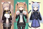  animal_ears bangs black_jacket black_ribbon blue_hair blush brown_hair cat_ears cat_paws clothes_lift dress_shirt eyebrows_visible_through_hair fake_animal_ears fang girls_frontline green_eyes grey_skirt hair_between_eyes hair_ornament hairclip hands_up heart heart-shaped_pupils highres hk416_(girls_frontline) jacket lifted_by_self long_hair long_sleeves looking_at_viewer multiple_girls nasal navel neck_ribbon open_clothes open_jacket open_mouth pantyhose paws pleated_skirt red_eyes ribbon scar scar_across_eye shirt sidelocks simple_background skirt standing stomach straight_hair symbol-shaped_pupils tail thigh_strap thighhighs tttanggvl twintails ump45_(girls_frontline) ump9_(girls_frontline) uniform very_long_hair white_shirt yellow_eyes 