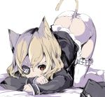 ass cat_ears cat_tail character_request commentary copyright_request eyebrows_visible_through_hair eyepatch frilled_legwear hidden_mouth no_shoes panties skull_and_crossbones sumisu_(mondo) tail thick_eyebrows thighhighs top-down_bottom-up underwear 