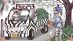  adapted_costume animal_ears animal_print black_gloves black_hair blue_shirt breast_poke brown_eyes collared_shirt commentary driving eighth_note extra_ears gloves goggles grevy's_zebra_(kemono_friends) grey_shirt ground_vehicle hat kemono_friends lawnmower license_plate long_hair long_sleeves mojibake_commentary motor_vehicle multicolored_hair multiple_girls musical_note necktie outdoors plains_zebra_(kemono_friends) poking shirt short_over_long_sleeves short_sleeves steering_wheel suzuki_carry tail tanaka_kusao tree truck two-tone_hair weeds white_hair zebra_ears zebra_girl zebra_print zebra_tail 