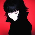  bangs black_hair blunt_bangs closed_eyes closed_mouth commentary english_commentary highres ilya_kuvshinov original red_background short_hair solo white_skin 