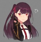  :t =3 bangs blazer blush breasts chinese_commentary collared_shirt commentary_request cropped_torso eyebrows_visible_through_hair girls_frontline gloves hair_ribbon half_updo hand_in_hair highres jacket large_breasts long_hair long_sleeves looking_at_viewer necktie oka_ball one_side_up pout purple_hair red_eyes red_neckwear ribbon shirt sidelocks simple_background solo striped striped_shirt tsundere tsurime very_long_hair wa2000_(girls_frontline) wavy_mouth white_shirt 