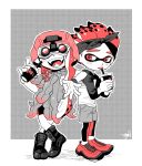  1girl arm_rest bike_shorts boots coral crossed_legs cup disposable_cup fangs full_body hakinikui_kutsu_no_mise halftone helmet inkling kelp leggings legwear_under_shorts limited_palette long_hair night_vision_device open_mouth shoes shorts smile sneakers spiked_hair splatoon_(series) splatoon_2 tentacle_hair tongue tongue_out 