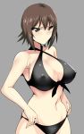  adjusting_clothes adjusting_swimsuit bangs belly_grab blush breasts brown_eyes brown_hair cleavage closed_mouth commentary covered_nipples criss-cross_halter front-tie_bikini front-tie_top girls_und_panzer grey_background halterneck highres koujun_(mugenzero) large_breasts light_frown looking_to_the_side navel nishizumi_maho short_hair simple_background solo standing swimsuit upper_body 