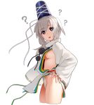 ? areolae breasts bright_pupils commentary contrapposto cowboy_shot cropped_legs eyebrows_visible_through_hair from_side fundoshi go_robots hand_on_hip hat head_tilt highres japanese_clothes large_areolae long_hair looking_at_viewer mononobe_no_futo open_mouth pom_pom_(clothes) ponytail purple_eyes revealing_clothes ribbon sideboob silver_hair simple_background small_breasts solo standing thighs touhou white_background wide_sleeves 