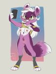  anthro blue_eyes breasts cellphone ear_piercing eyewear female fur glasses hair long_hair mammal nipple_piercing nipples phone piercing purple_fur pussy reign-2004 solo spats unknown_species white_fur white_hair 