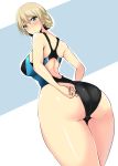  adjusting_clothes adjusting_swimsuit arm_behind_back ass bangs black_swimsuit blonde_hair blue_eyes blush braid breasts closed_mouth commentary competition_swimsuit cowboy_shot darjeeling eyebrows_visible_through_hair foreshortening from_behind frown girls_und_panzer highres koujun_(mugenzero) looking_at_viewer looking_back one-piece_swimsuit short_hair simple_background solo standing swimsuit thighs tied_hair white_background 