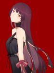  alternate_costume alternate_hairstyle arm_across_waist arm_ribbon bangs bare_shoulders black_dress black_gloves blunt_bangs blush breasts closed_mouth commentary_request cowboy_shot dress from_side girls_frontline gloves head_tilt jewelry long_hair looking_at_viewer md5_mismatch medium_breasts oka_ball purple_hair red_background red_eyes ribbon sidelocks simple_background solo tsurime very_long_hair wa2000_(girls_frontline) 