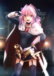  armor astolfo_(fate) belt black_dress black_legwear black_ribbon blurry blurry_background braid cape commentary_request cowboy_shot depth_of_field dress fang fate/apocrypha fate_(series) garter_straps gauntlets gloves hair_intakes hair_ribbon hand_on_hip highres indoors lens_flare long_braid long_hair long_sleeves looking_at_viewer male_focus open_mouth otoko_no_ko purple_eyes ribbon salute short_dress single_braid smile solo standing sword thighhighs tsubasa_(abchipika) v weapon white_cape white_gloves 