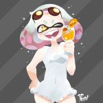  1girl 3d_rod! ;d artist_name bare_arms bare_shoulders covered_navel cup domino_mask drinking_glass eyewear_on_head fangs food fruit grey_background hand_on_hip hand_up hime_(splatoon) holding holding_cup looking_at_viewer mask medium_hair mole mole_under_mouth multicolored_hair official_style one-piece_swimsuit one_eye_closed open_mouth orange orange_juice orange_slice pink_hair smile solo splatoon_(series) splatoon_2 standing striped striped_background sunglasses swimsuit tentacle_hair upper_body white_hair white_swimsuit 