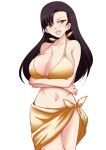  arms_under_breasts asymmetrical_bangs bangs bikini breast_hold breasts brown_eyes brown_hair cleavage cowboy_shot crossed_arms front-tie_bikini front-tie_top girls_und_panzer koujun_(mugenzero) large_breasts long_hair looking_at_viewer navel nishi_kinuyo open_mouth sarong simple_background smile solo standing swimsuit white_background yellow_bikini yellow_sarong 