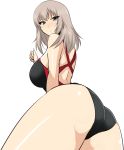  annoyed ass bangs black_swimsuit blue_eyes blush breasts clenched_hand closed_mouth competition_swimsuit eyebrows_visible_through_hair frown girls_und_panzer highres itsumi_erika koujun_(mugenzero) long_hair looking_at_viewer looking_back medium_breasts one-piece_swimsuit sideboob silver_hair simple_background solo standing sweatdrop swimsuit white_background 