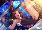  animal_ears azur_lane barefoot breasts brown_hair bunny_ears detached_collar eyebrows_visible_through_hair highres i-26_(azur_lane) mappaninatta medium_breasts nontraditional_school_swimsuit one-piece_swimsuit open_mouth red_eyes sailor_collar school_swimsuit short_hair solo strapless strapless_swimsuit swimsuit toeless_legwear torpedo underwater wrist_cuffs 