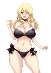  ;d alternate_hairstyle ass_visible_through_thighs bangs bikini black_bikini blonde_hair blue_eyes breasts cleavage collarbone commentary_request cowboy_shot darjeeling girls_und_panzer groin hair_down highres koujun_(mugenzero) large_breasts long_hair looking_at_viewer navel o-ring o-ring_top one_eye_closed open_mouth side-tie_bikini simple_background smile solo standing strapless strapless_bikini swimsuit thick_thighs thighs white_background 