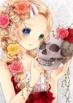  aqua_eyes blonde_hair blue_eyes braid center_frills collarbone commentary flower hair_flower hair_ornament hair_over_shoulder hair_vines hairband heterochromia highres holding_skull looking_at_viewer no_bangs original parted_lips pink_flower pink_rose plant pointing red_flower red_rose ribbon rose sleeveless solo taira_shinki upper_body vines white_hairband white_ribbon yellow_flower yellow_rose 