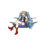  absurdres belt blonde_hair boots brown_hair commentary cowboy_boots crossed_legs english_commentary eyebrows_visible_through_hair full_body highres original raft rigging short_hair skirt smile solo stacking_mann thighhighs thighs transparent_background turret uss_nevada_(bb-36) vest 