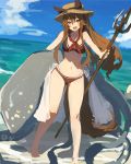  animal_ears beach bikini blue_sky breasts brown_eyes brown_hair cloud commentary day hat highres lansane long_hair medium_breasts navel ocean original painterly polearm sarong sky smile solo straw_hat swimsuit tail trident tsana_(lansane) very_long_hair water weapon wolf_ears wolf_tail 