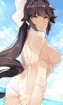  arm_behind_back arm_under_breasts ass azur_lane back bikini blue_sky blush bow breast_hold breasts brown_hair closed_mouth commentary day from_behind hair_bow hair_flaps halterneck large_breasts long_hair ocean ponytail side-tie_bikini sideboob sky sunlight swimsuit takao_(azur_lane) tetsujin_momoko very_long_hair water white_bikini white_bow white_swimsuit yellow_eyes 