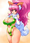  1girl :p animal_ears bare_legs bare_shoulders breasts cat_ears cat_girl cleavage cleavage_cutout curvy female highleg highleg_leotard highres large_breasts leotard looking_at_viewer partially_visible_vulva paw_print perisie_(star_ocean) pink_hair ponytail red_eyes ryoi shiny shiny_hair shiny_skin simple_background smile solo star_ocean star_ocean_first_departure thick_thighs thighhighs thighs thong_leotard tongue_out upper_body very_long_hair white_background 