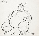  anthro balls belly big_balls big_belly crouching dragon eddy-boy flaccid horn huge_balls humanoid_penis hyper hyper_balls hyper_belly hyper_penis male monochrome musclegut nude overweight overweight_male penis precum smile solo uncut xhyra 