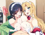  2girls asymmetrical_docking bangs bare_shoulders black_hair blonde_hair blue_eyes blunt_bangs blush breast_press breasts elbow_gloves gloves grabbing_own_breast highres huge_breasts japanese_clothes large_breasts long_hair looking_at_viewer lossy-lossless maid_headdress multiple_girls multiple_paizuri navel nichibei_ore_yome_taisen nipples novel_illustration ootomo_takuji open_mouth paizuri red_eyes resized saliva saliva_trail tongue tongue_out upscaled white_gloves 