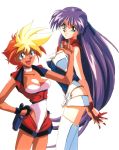  90s arms_behind_back black_gloves blonde_hair breasts choker cleavage cowboy_shot dark_skin dirty_pair dirty_pair_flash earrings gloves green_eyes hands_together highleg highleg_leotard jewelry kei_(dirty_pair) kimura_takahiro large_breasts leotard long_hair looking_at_viewer multicolored_hair multiple_girls non-web_source official_art open_mouth orange_hair purple_eyes purple_hair red_gloves short_hair simple_background sleeveless smile thighhighs two-tone_hair v_arms very_long_hair white_background white_legwear white_leotard yuri_(dirty_pair) 