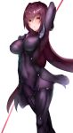  blush bodysuit boruhis breasts covered_navel covered_nipples eyebrows_visible_through_hair fate/grand_order fate_(series) gae_bolg hair_intakes highres holding holding_weapon large_breasts long_hair looking_at_viewer pauldrons polearm purple_bodysuit purple_hair red_eyes scathach_(fate)_(all) scathach_(fate/grand_order) shoulder_armor solo spear very_long_hair weapon white_background 