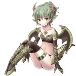  aoiyamagi4 black_gloves black_legwear brown_eyes claws collarbone elbow_gloves feet_together flat_chest gloves green_hair knees_up looking_at_viewer monster_girl original pointy_ears short_hair simple_background sitting solo tail thigh_strap white_background wings 