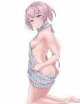  alternate_costume backless_dress backless_outfit bangs bare_arms bare_back barefoot blush breasts butt_crack commentary dress eyebrows_visible_through_hair from_side grey_eyes grey_sweater hair_intakes kantai_collection looking_at_viewer looking_to_the_side meme_attire naked_sweater pink_hair ponytail ribbed_sweater ribs shiranui_(kantai_collection) sideboob simple_background sleeveless sleeveless_turtleneck small_breasts smile solo soutou_(user_wzuw4587) sweater sweater_dress turtleneck turtleneck_sweater virgin_killer_sweater white_background 