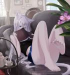  1girl animal_ears aqua_eyes barefoot blush book cat_ears cat_girl cat_tail couch covering_face denim_shorts feet highres long_hair looking_at_viewer pantyshot soles tank_top toes white_hair 
