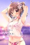  ahoge armpits arms_up bangs bikini bikini_under_clothes blurry blush bokeh breasts brown_eyes brown_hair circle_name comiket_94 commentary_request depth_of_field eyebrows_visible_through_hair flower hair_flower hair_ornament hair_tie hair_tie_in_mouth halterneck looking_at_viewer medium_breasts mouth_hold multi-strapped_bikini navel no_pants original pan_(mimi) ponytail red_bikini see-through shirt short_sleeves solo sparkle sweat swimsuit tying_hair white_flower 