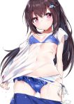  bikini black_hair blue_bikini breasts cowboy_shot dolphin_hair_ornament eyebrows_visible_through_hair kamioka_shun'ya long_hair looking_at_viewer navel original purple_eyes see-through shirt shirt_tug small_breasts solo swimsuit wet wet_clothes wet_shirt 