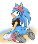  2018 anthro anus bandanna black_nose blush bottomless breasts clothed clothing crossgender eyelashes female footwear green_eyes hedgehog looking_at_viewer mammal polarplunge pussy shirt shoes sonic_(series) sonic_the_hedgehog sweat t-shirt 