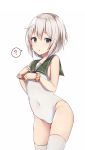  ? adapted_costume covered_navel cowboy_shot green_eyes green_sailor_collar highres kantai_collection leotard looking_at_viewer sailor_collar scrunchie shimushu_(kantai_collection) short_hair silver_hair simple_background solo spoken_question_mark thighhighs white_background white_legwear white_leotard wrist_scrunchie zhi_zhi/zu_zu 