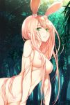  animal_ears breasts bunny_ears commentary_request forest green_eyes long_hair looking_at_viewer nature navel nipples nude open_mouth original pink_hair pointy_ears rayn solo tattoo teeth tree 
