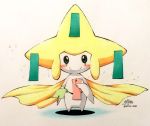  akabane_jin blue_eyes cape clothing jirachi legendary_pok&eacute;mon looking_at_viewer nintendo offering_(disambiguation) paper pok&eacute;mon pok&eacute;mon_(species) standing star video_games 