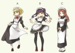  apron black_kimono blonde_hair blue_eyes breasts brown_footwear brown_hair closed_mouth commentary dress english_commentary eyebrows_visible_through_hair flat_chest green_eyes grey_background hair_ribbon high_heels japanese_clothes juliet_sleeves kimono large_breasts loafers long_dress long_hair long_sleeves looking_at_viewer maid maid_apron maid_headdress multiple_girls neck_ribbon orange_eyes original pantyhose pas_(paxiti) puffy_short_sleeves puffy_sleeves purple_hair red_footwear red_neckwear red_ribbon ribbon sandals shoes short_dress short_hair short_sleeves simple_background standing standing_on_one_leg tabi thighhighs twintails wa_maid waist_apron white_apron white_dress white_legwear wrist_cuffs zettai_ryouiki 